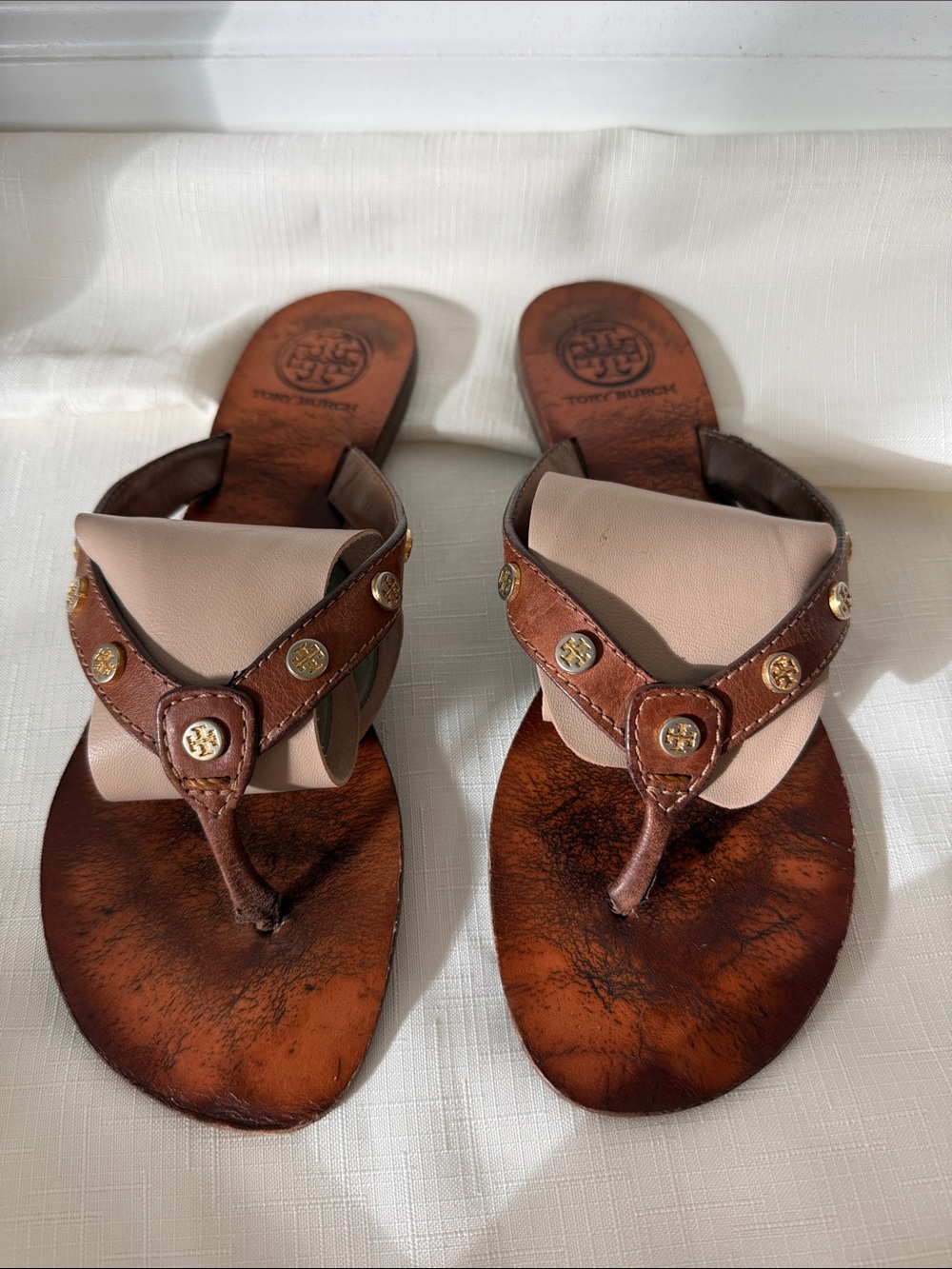 Tory Burch Brown Leather Thong Sandals with Beige Upper and Gold Logo Studs